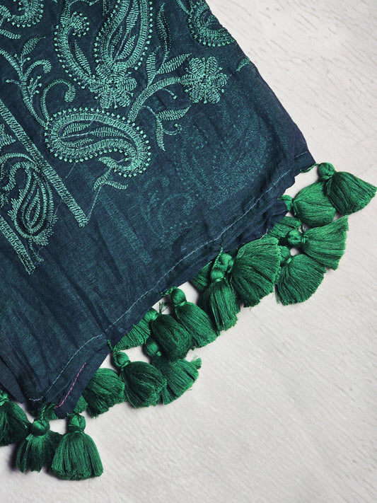 Midnight Teal Paisley Mul Cotton Saree with Tonal Embroidery & Tassels