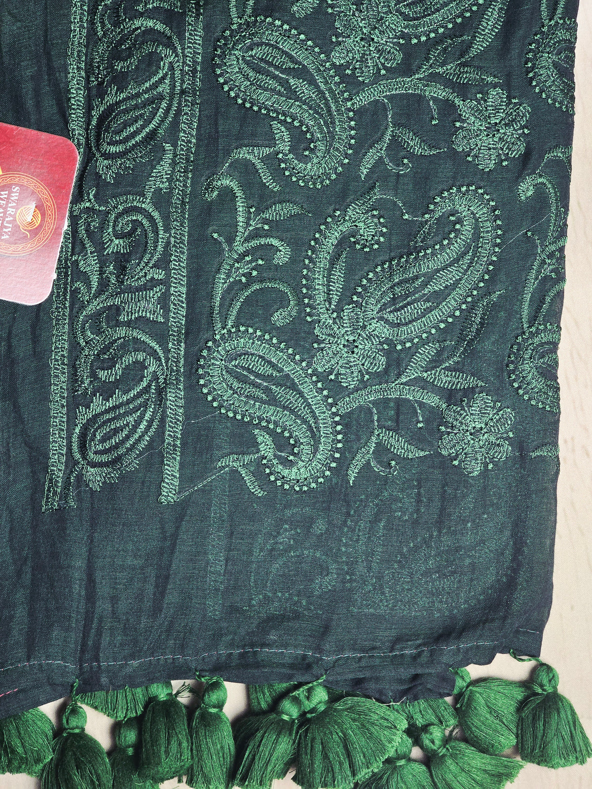 Midnight Teal Paisley Mul Cotton Saree with Tonal Embroidery & Tassels