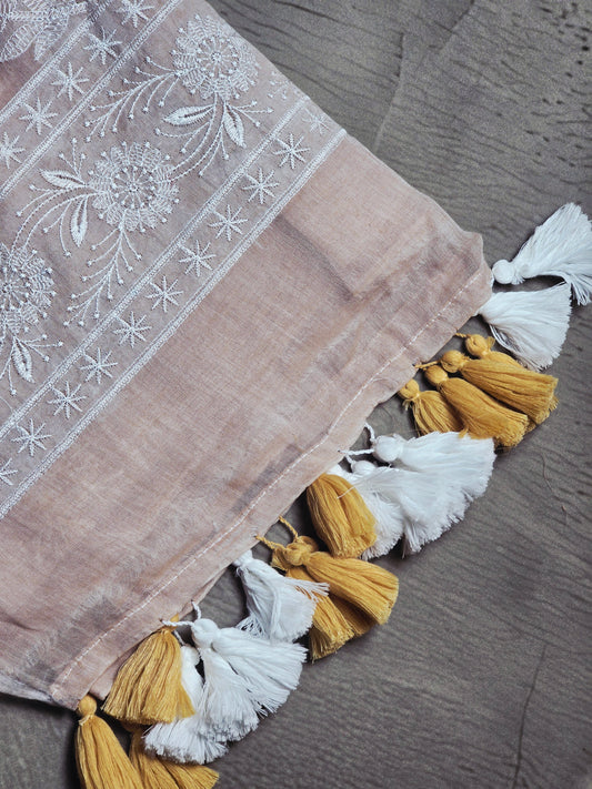 Blush Beige Floral Embroidered Mul Cotton Saree with Tassels