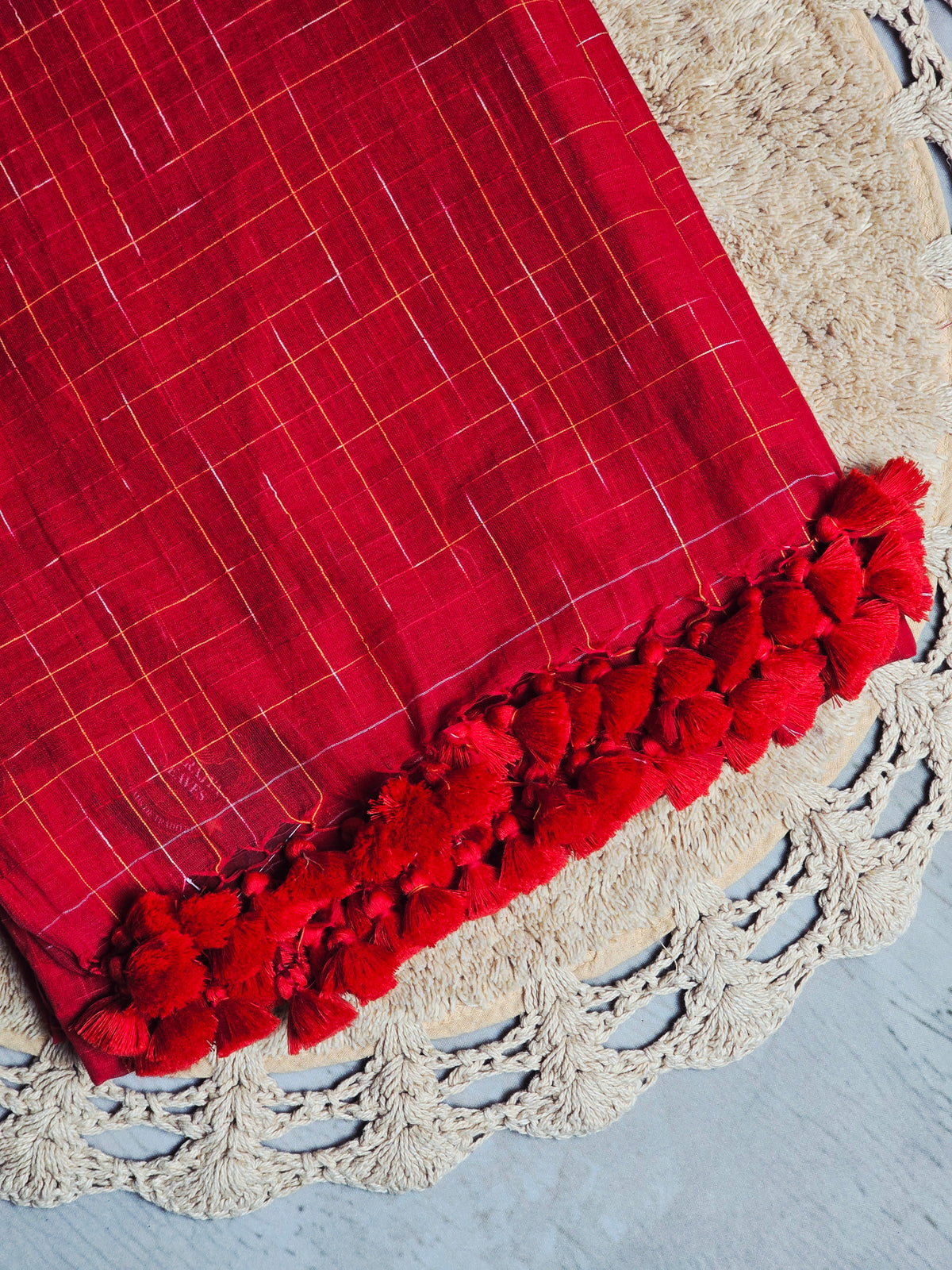 Crimson Gold-Check Handwoven Mul Cotton Saree with Red Tassel Detailing