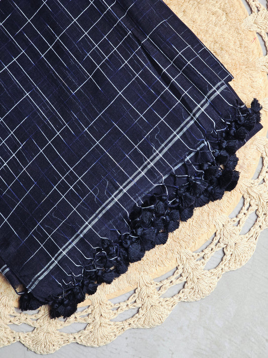 Midnight Silver-Check Handwoven Mul Cotton Saree with Black Tassel Detailing