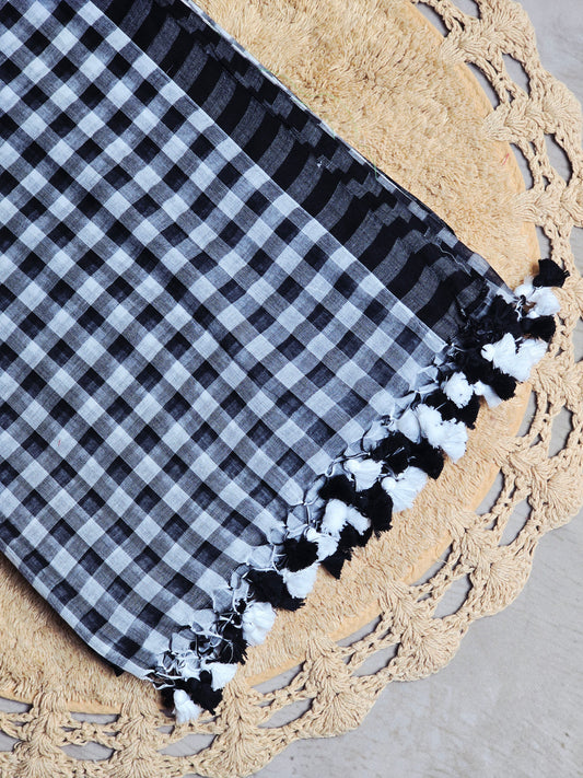 Midnight Checkered Mul Cotton Saree with Monochrome Tassels