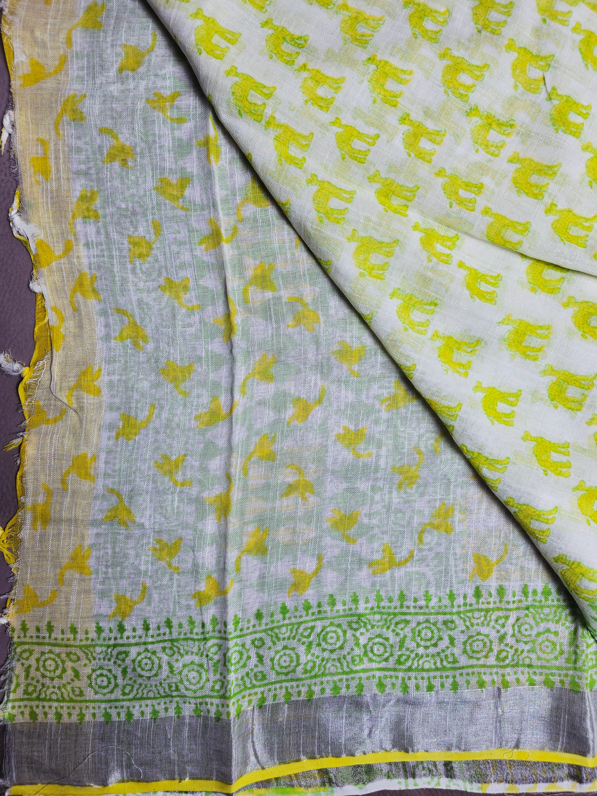Ivory Meadow Linen Cotton Saree with Handblock Elephant Motifs & Green Border