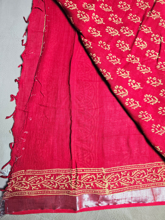 Maroon Heritage Bloom Linen Cotton Saree with Golden Floral Buti