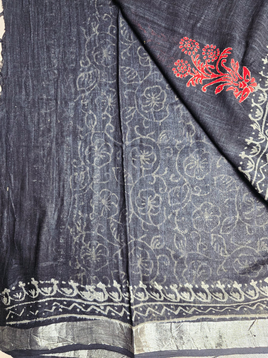 Indigo & Crimson Botanical Linen Cotton Saree