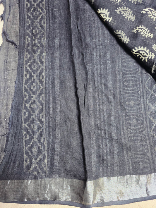 Navy Blue Linen Cotton Saree with Ivory & Silver Paisley Motifs and Geometric Border