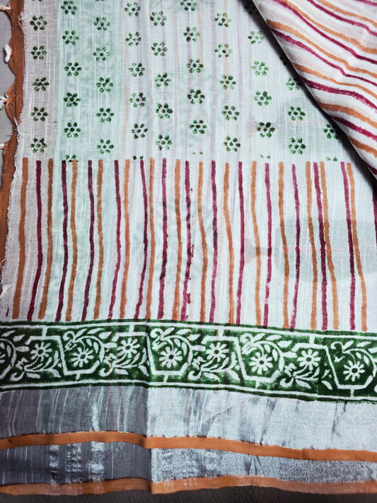 Ivory Linen Cotton Saree with Forest Green Trees, Rust Stripes & Floral Border
