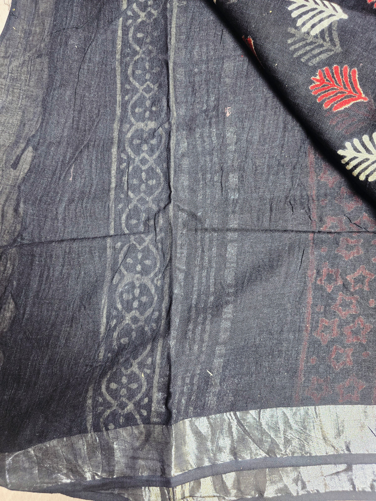 Indigo Black Linen Cotton Saree with Coral & Ivory Leaf Motifs and Intricate Border