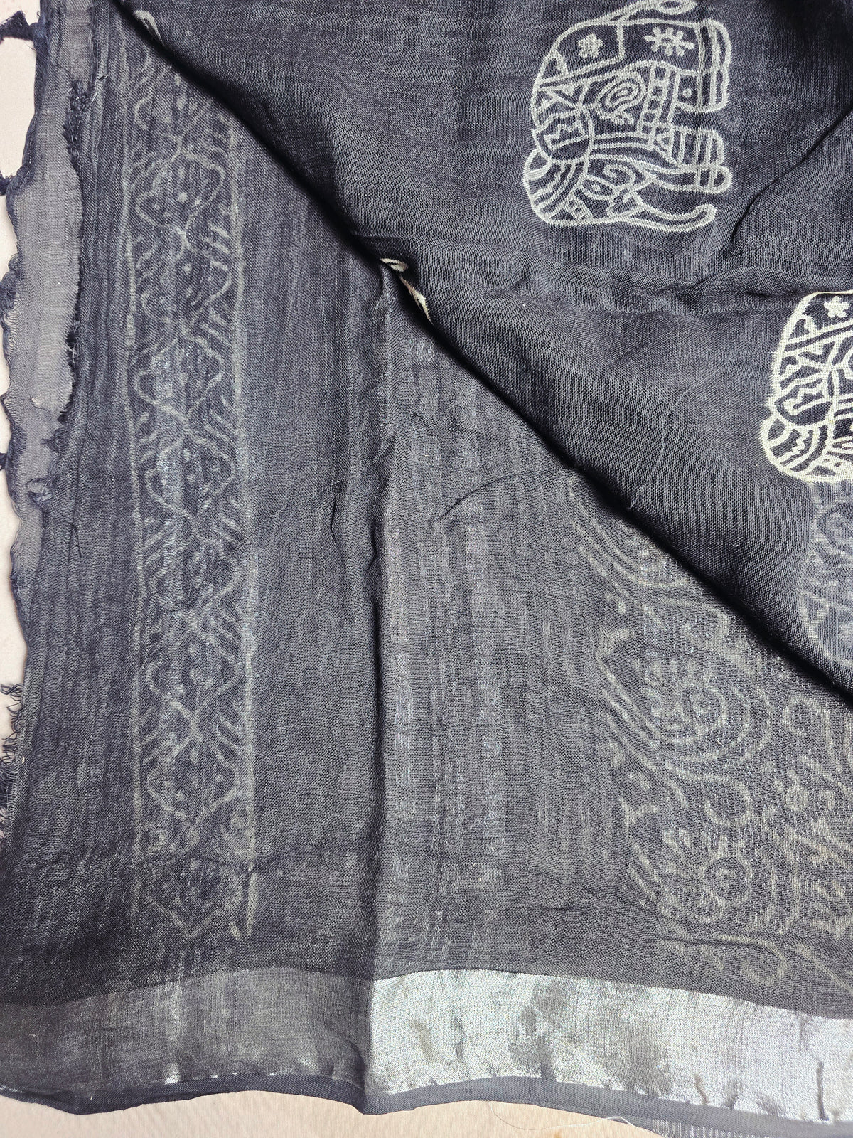 Indigo Linen Cotton Saree with Ivory Elephant Motifs & Geometric Border