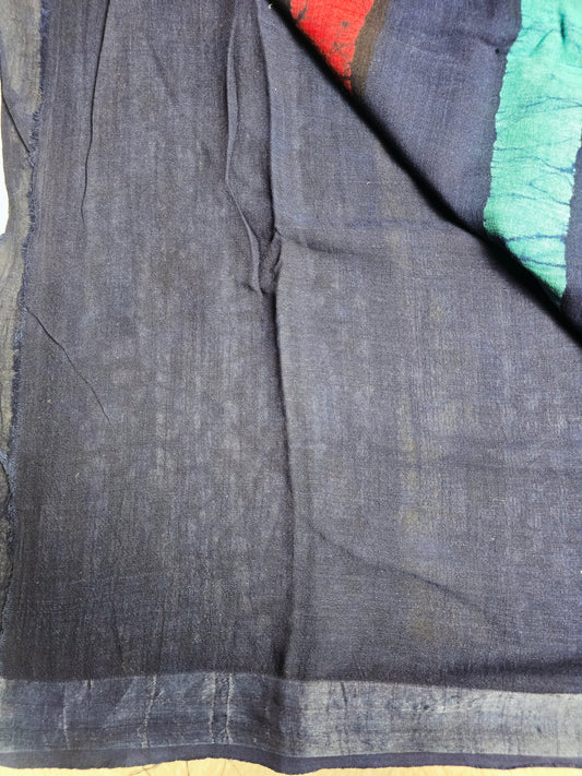 Indigo Linen Cotton Saree with Multicolour Brushstroke Stripes & Floral Vine Border