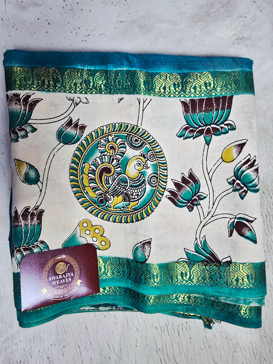 Peacock Teal Mangalagiri Silk Kalamkari Saree with Traditional Peacock & Lotus Border