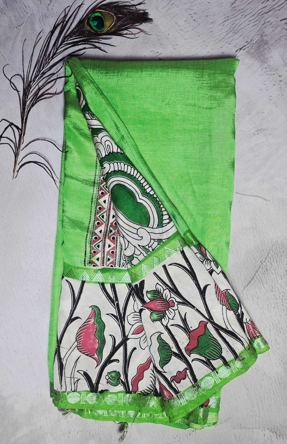 Parrot Green Mangalagiri Silk Kalamkari Saree with Pink Floral Vines & Green Zari Border