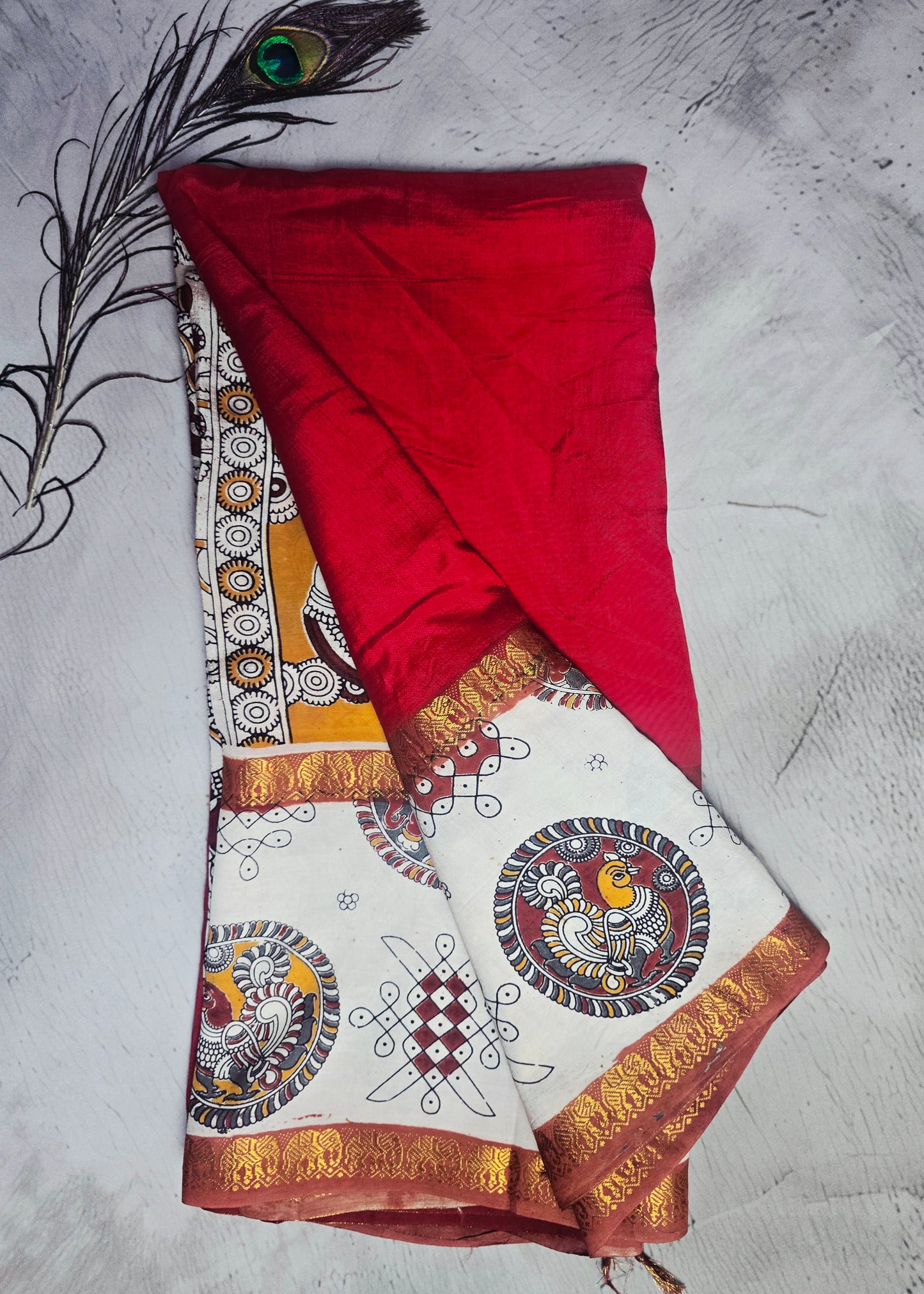 Vermilion Red Mangalagiri Silk Kalamkari Saree with Elephant Motifs, Peacock Medallion & Zari Border