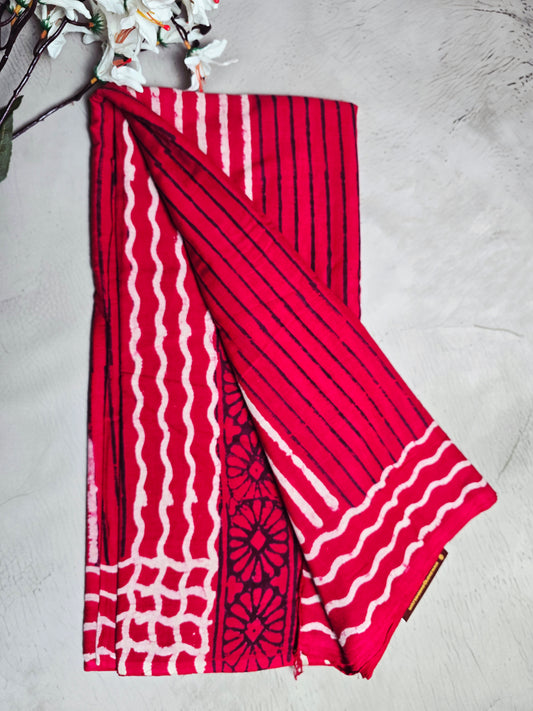 Crimson Red Cotton Bagru Handblock Saree with Black & Ivory Stripes and Floral Border