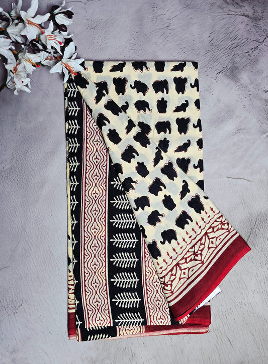 Ivory Cream Cotton Bagru Handblock Saree with Black Elephant Motifs & Maroon Floral Border