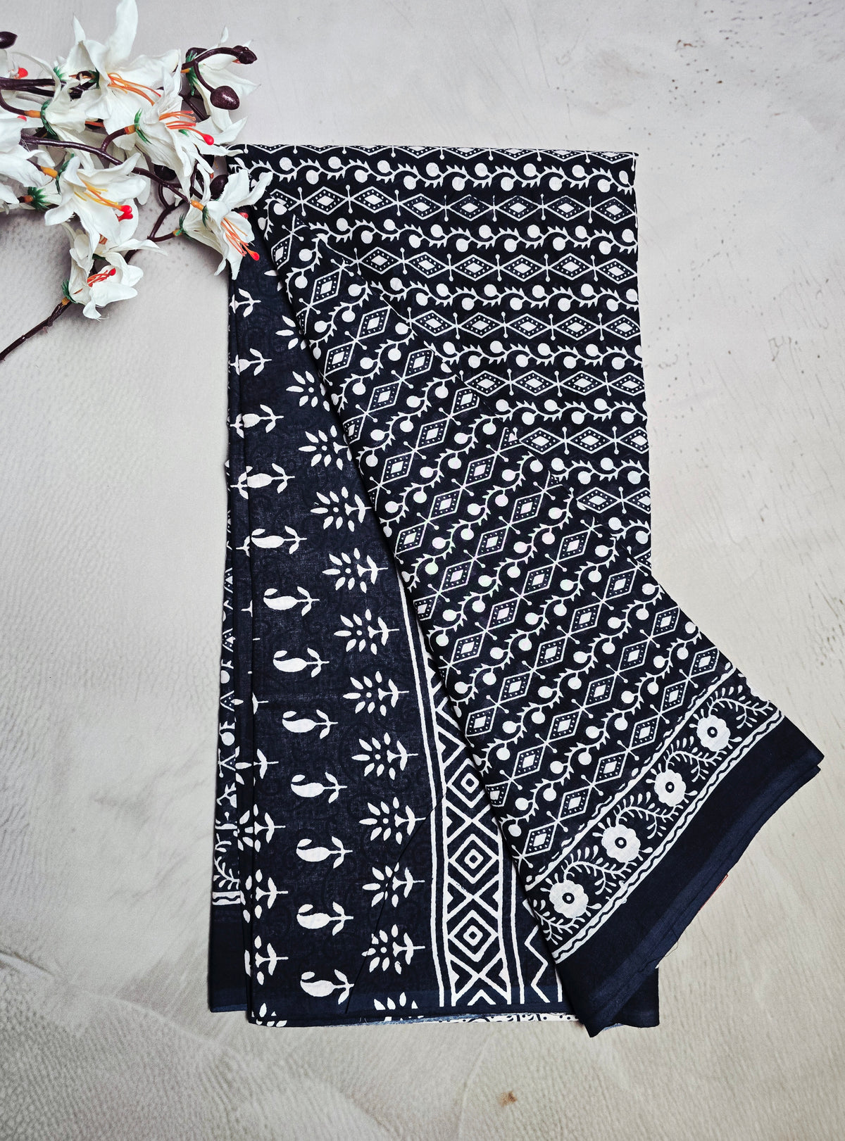 Black & Ivory Cotton Bagru Handblock Saree with Geometric Diamond & Floral Motifs