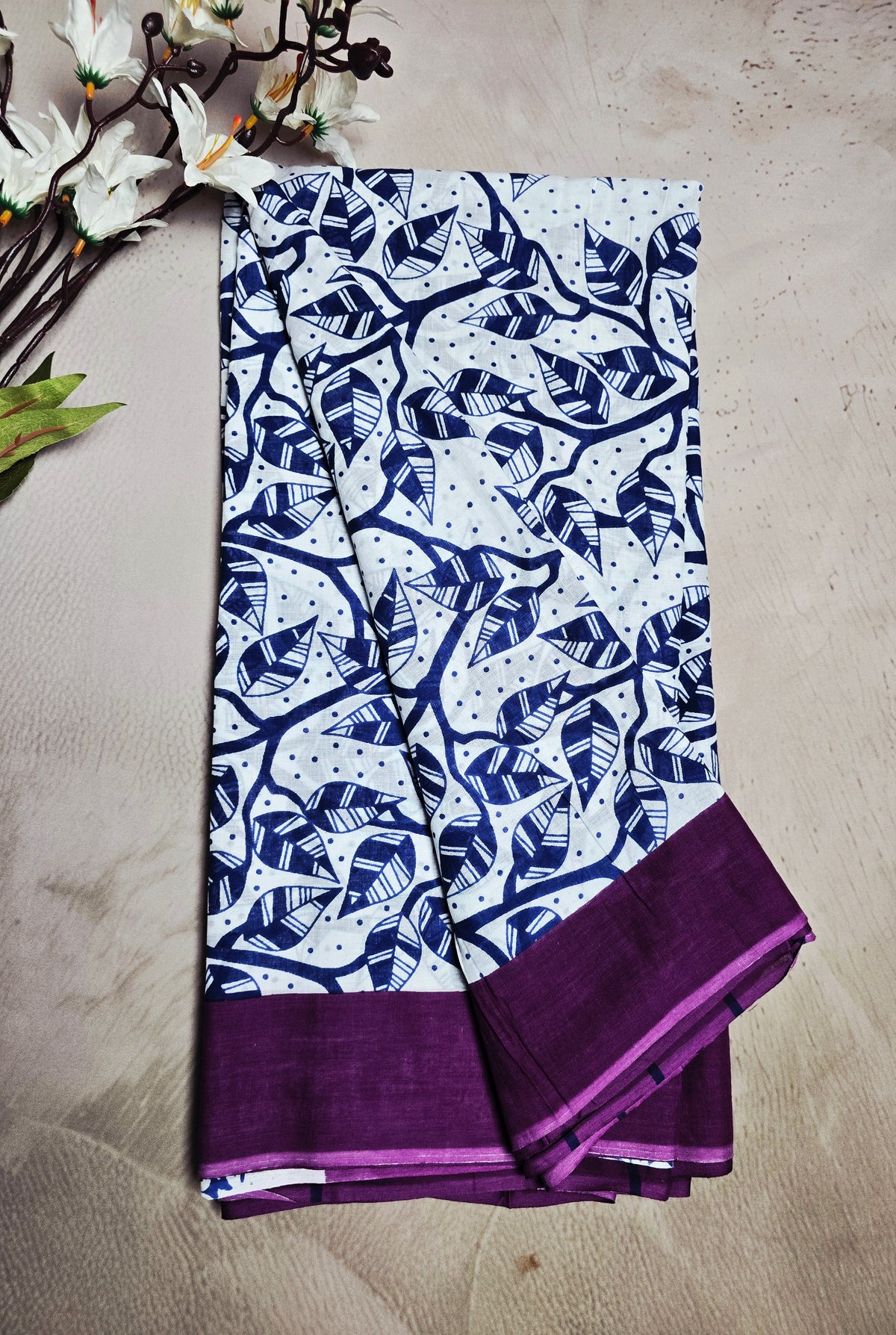 White & Indigo Cotton Bagru Handblock Saree with Leaf Vine Motifs & Purple Border