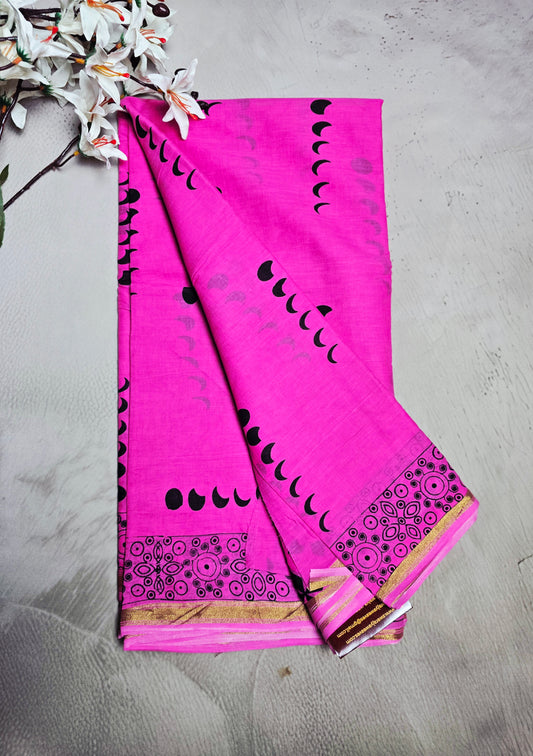 Hot Pink & Black Cotton Bagru Handblock Saree with Crescent Motifs & Geometric Border