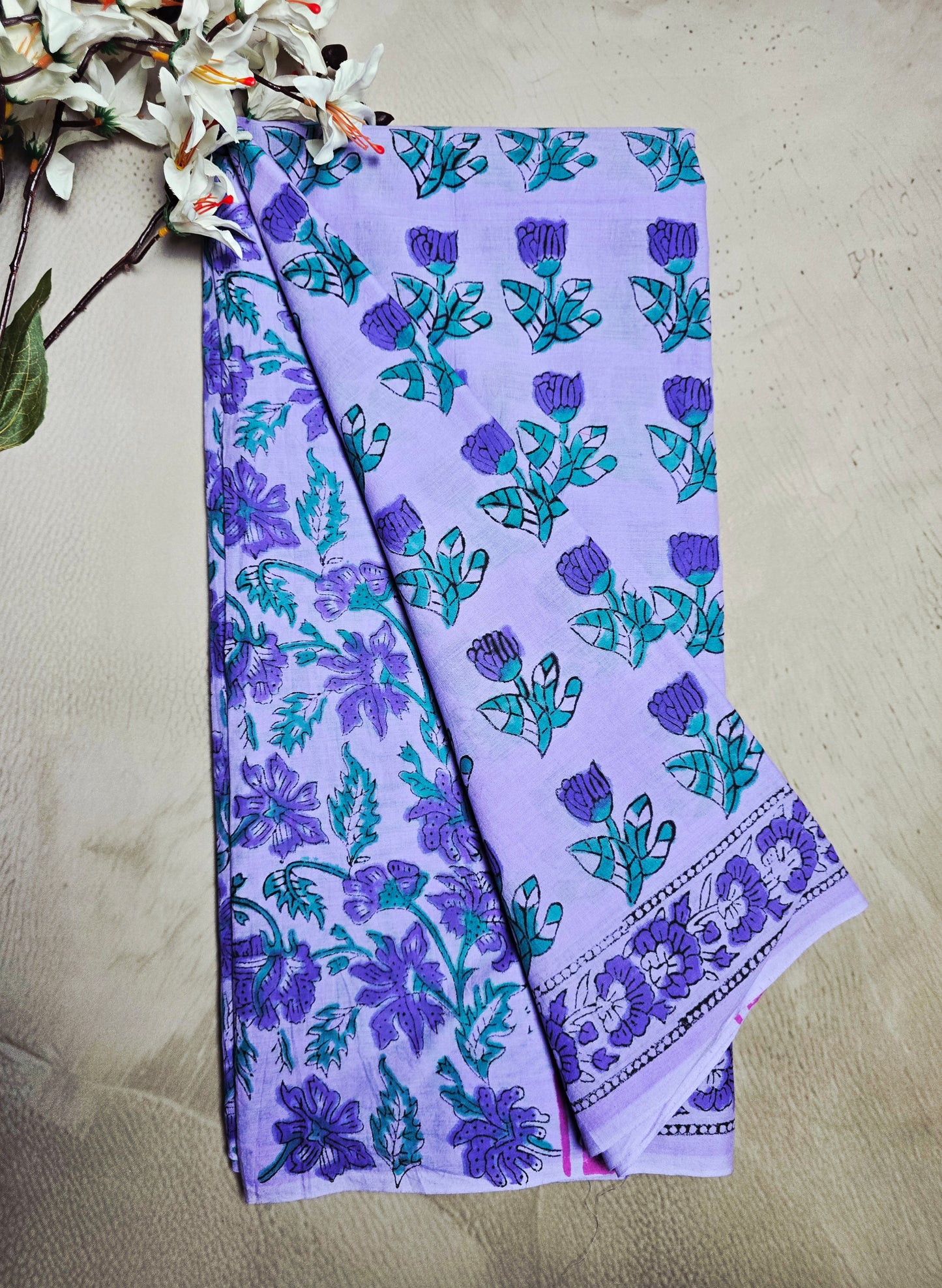 Lavender & Purple Cotton Bagru Handblock Saree with Floral Sprigs & Border