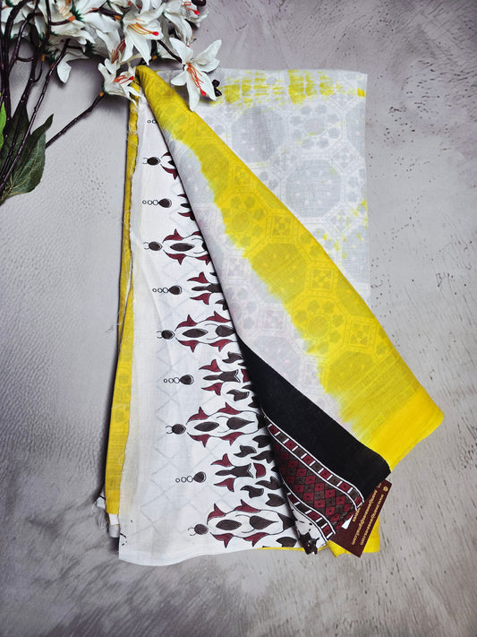 Sunshine Yellow & White Cotton Saree with Subtle Geometric Bagru Handblocks