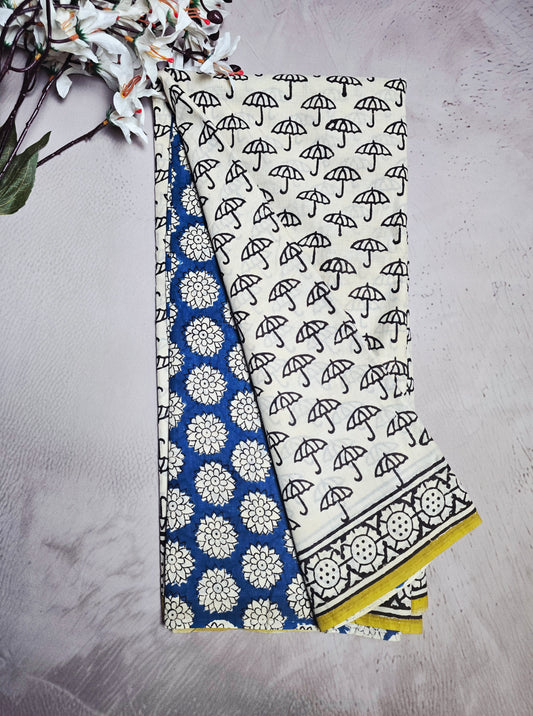 Ivory & Black Cotton Saree with Umbrella Bagru Handblocks & Blue Floral Pallu
