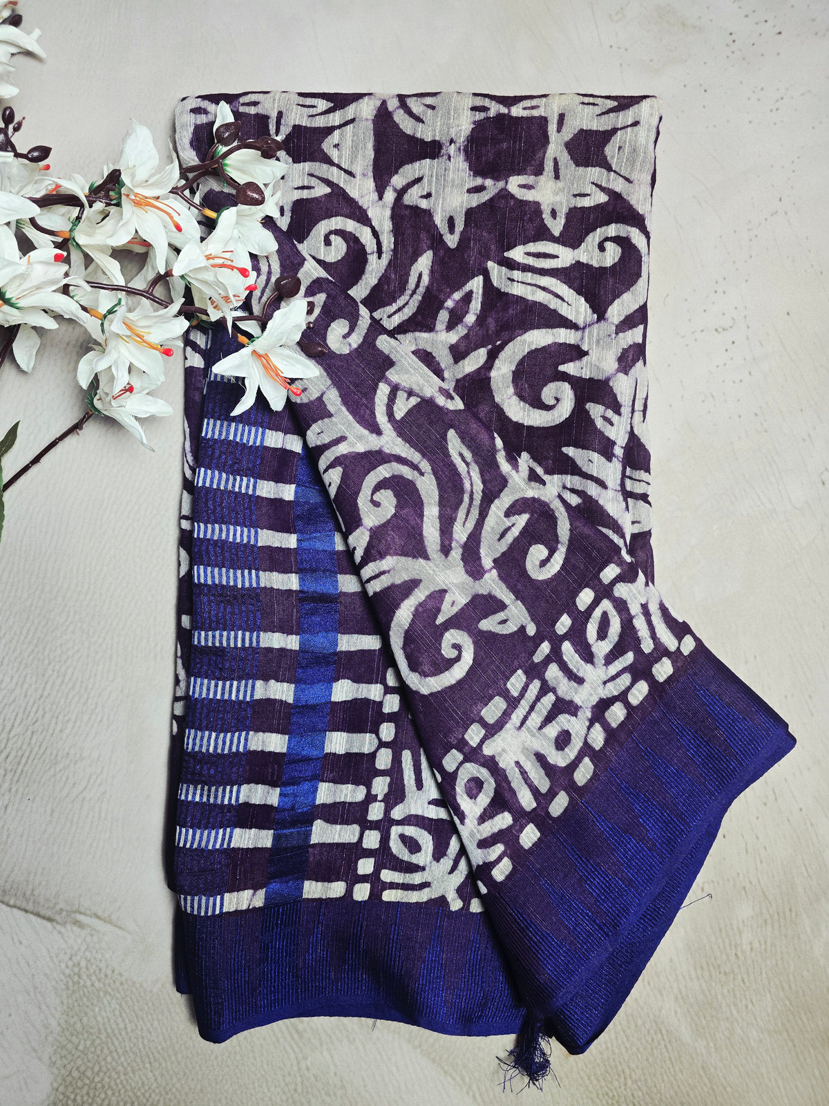 Plum Purple & Ivory Bagru Cotton Saree with Traditional Floral Vine Motifs