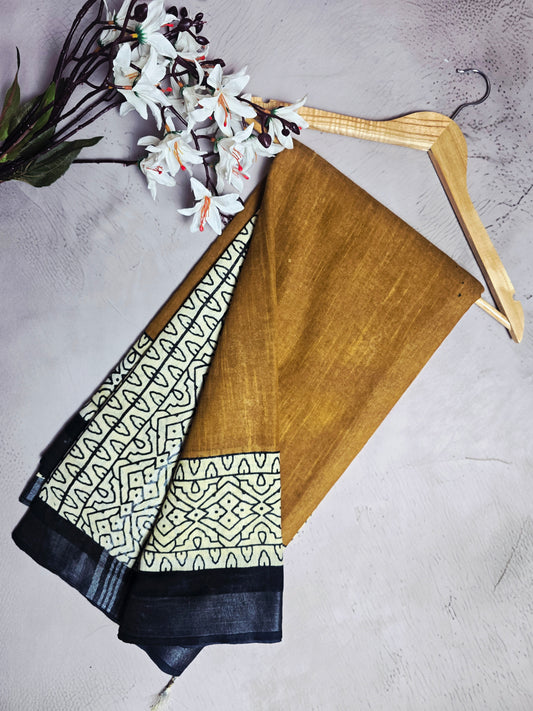 Mustard & Black Traditional Border Linen Cotton Saree