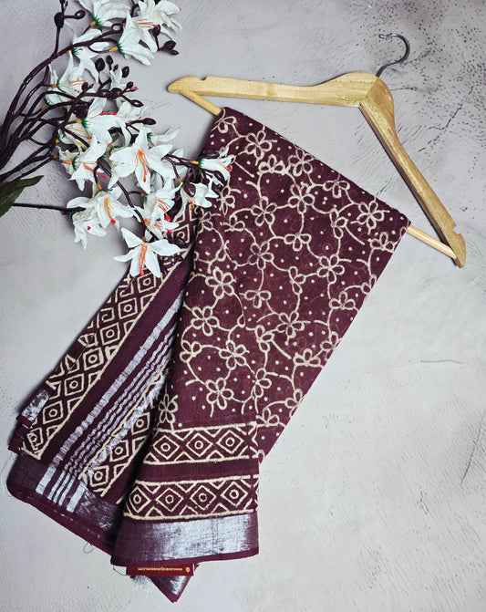 Wine & Ivory Floral Vine Linen Cotton Saree