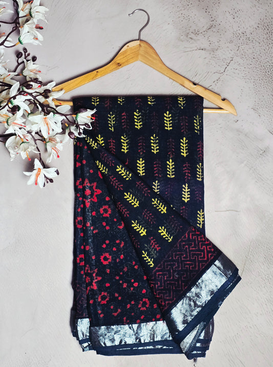Navy Blue, Mustard & Maroon Leaf Motif Linen Cotton Saree