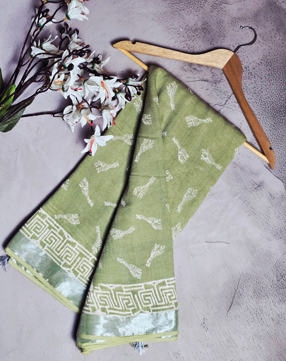 Sage Green & Ivory White Paisley Motif Linen Cotton Saree