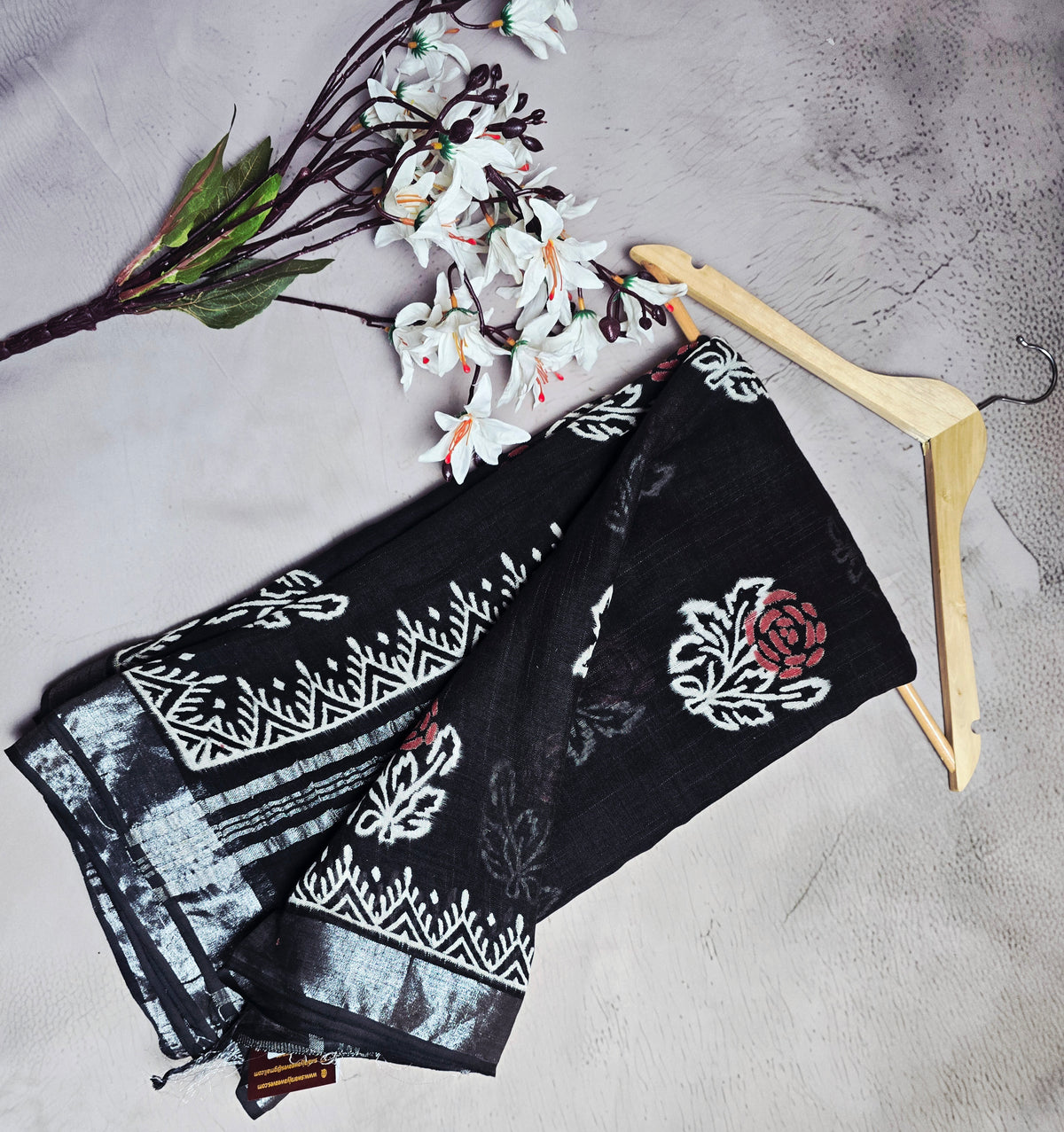 Black, White & Red Floral Motif Linen Cotton Saree