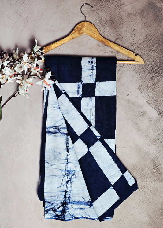 Indigo Blue & White Geometric Cotton Bagru Saree