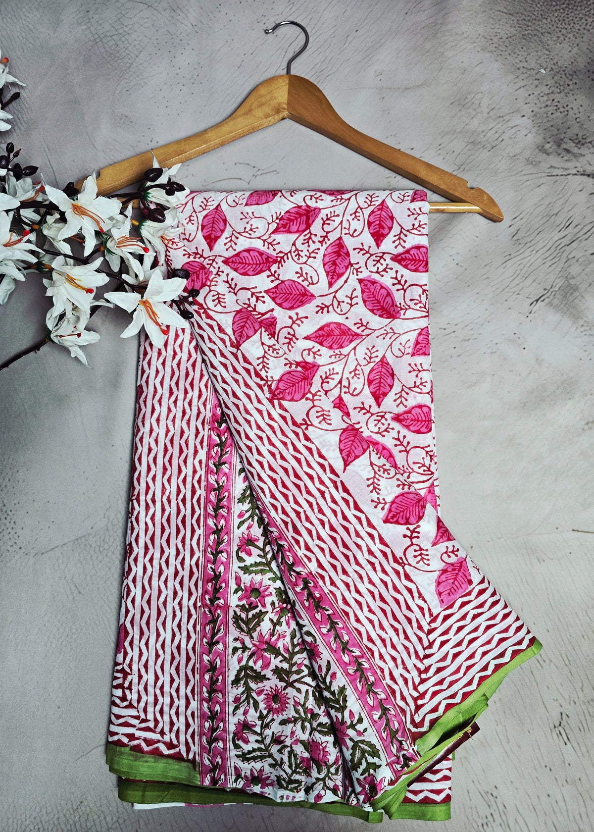 White & Pink Leaf Vine Cotton Saree with Green Border