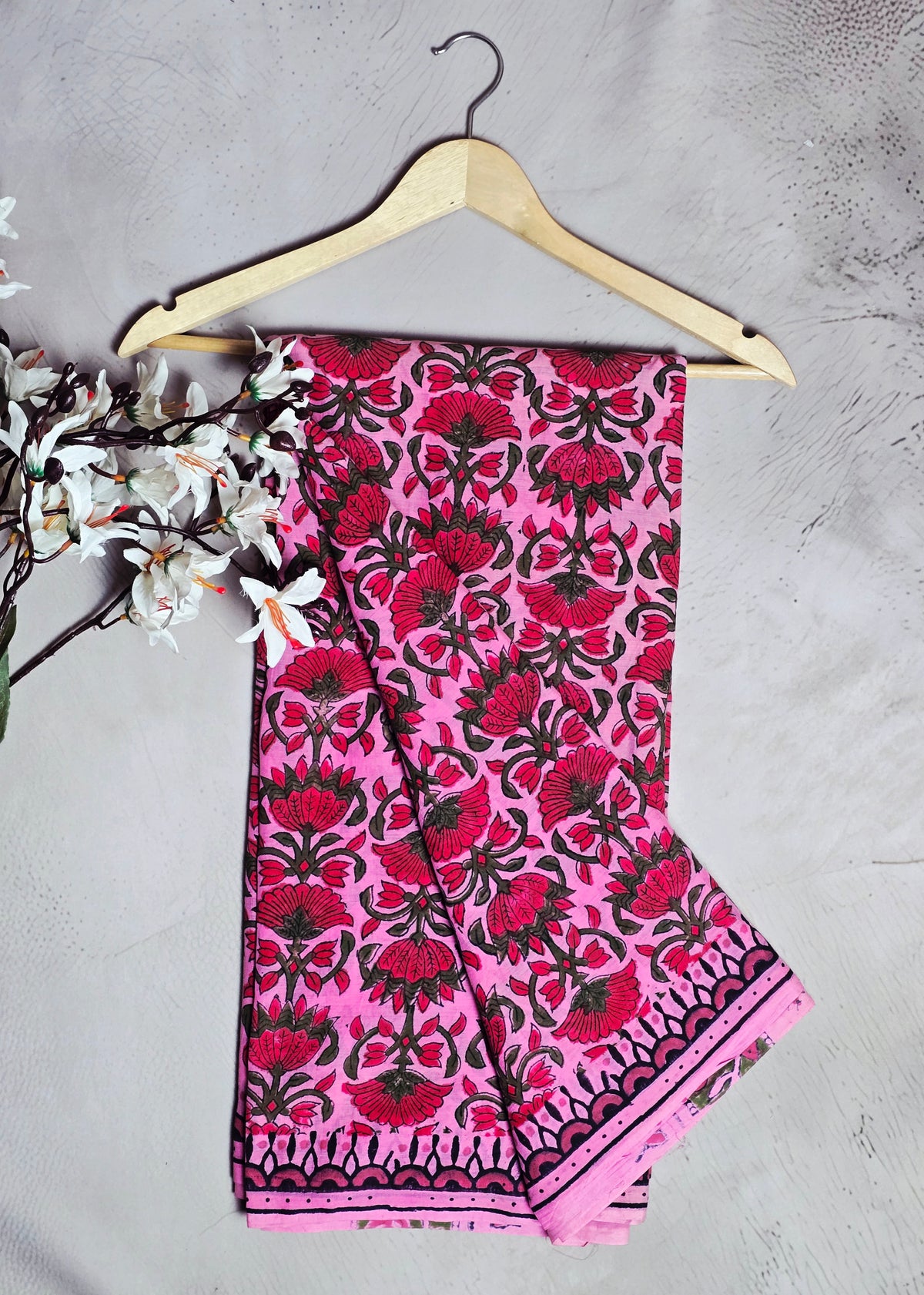 Pink & Magenta Floral Block Print Cotton Saree with Black Border