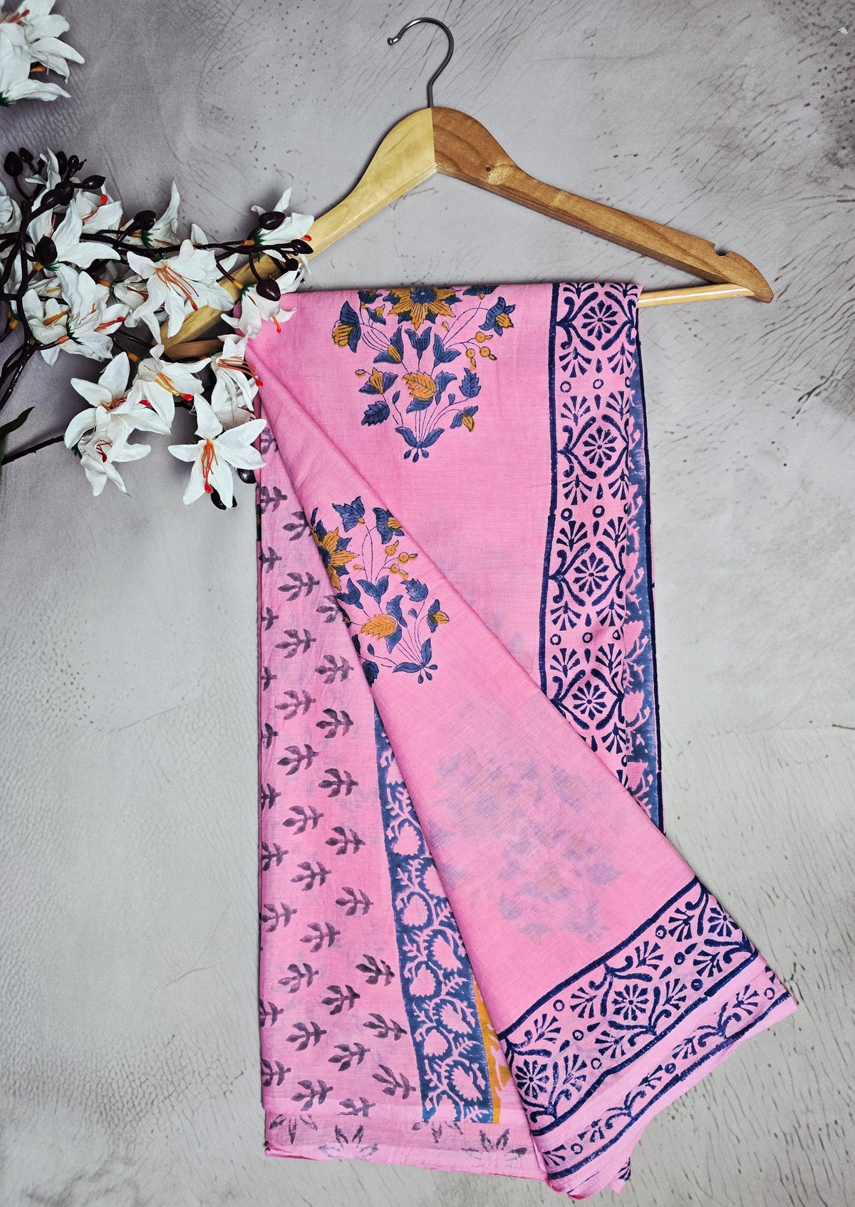 Pink & Navy Blue Floral Printed Cotton Saree with Traditional Border