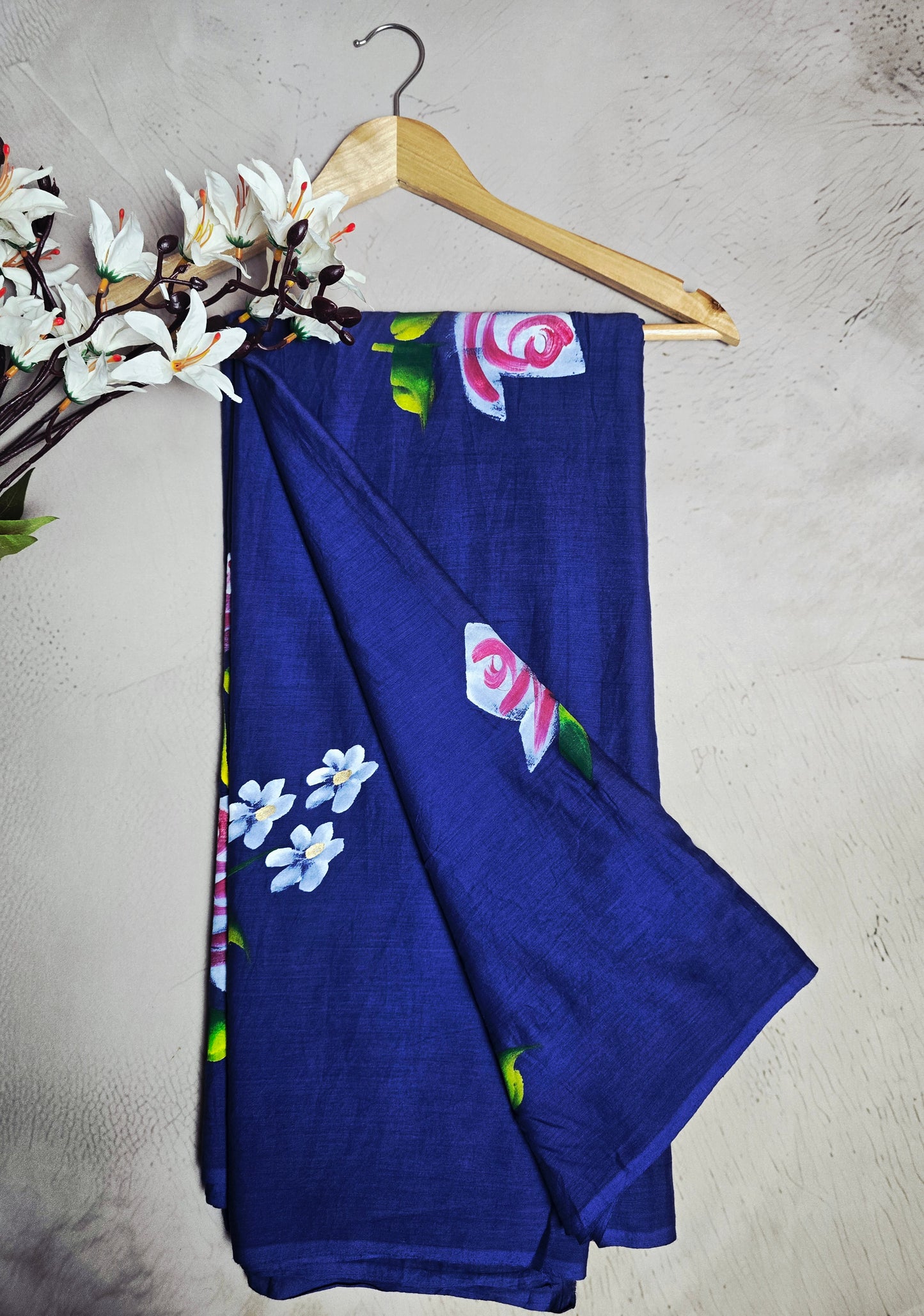 Navy Blue & Pink Floral Print Linen Cotton Saree