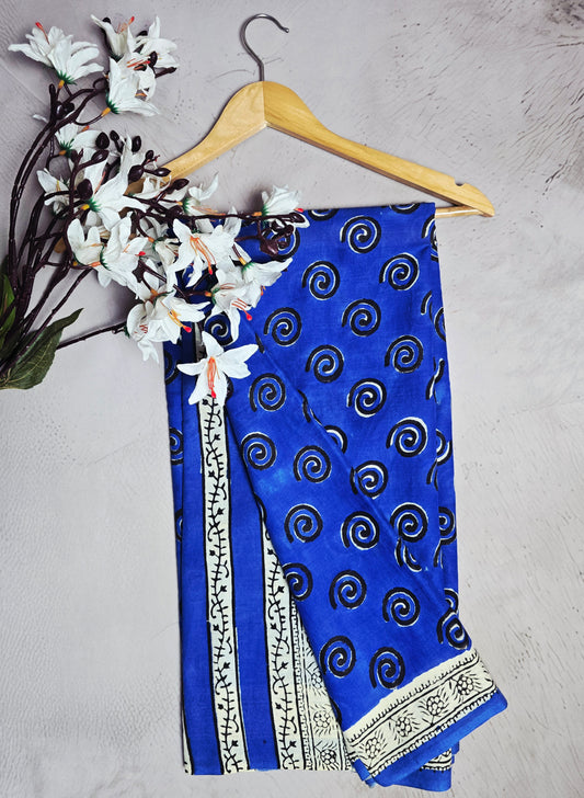Royal Blue & Cream Spiral Print Cotton Saree
