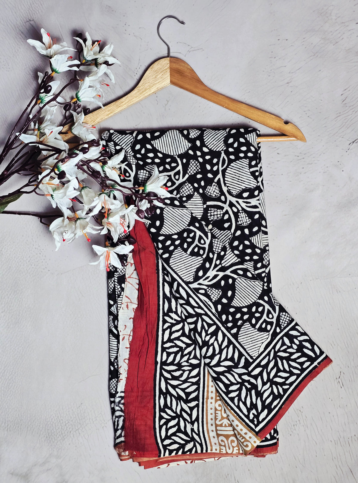 Black & White Abstract Leaf Print Cotton Saree with Rust Border