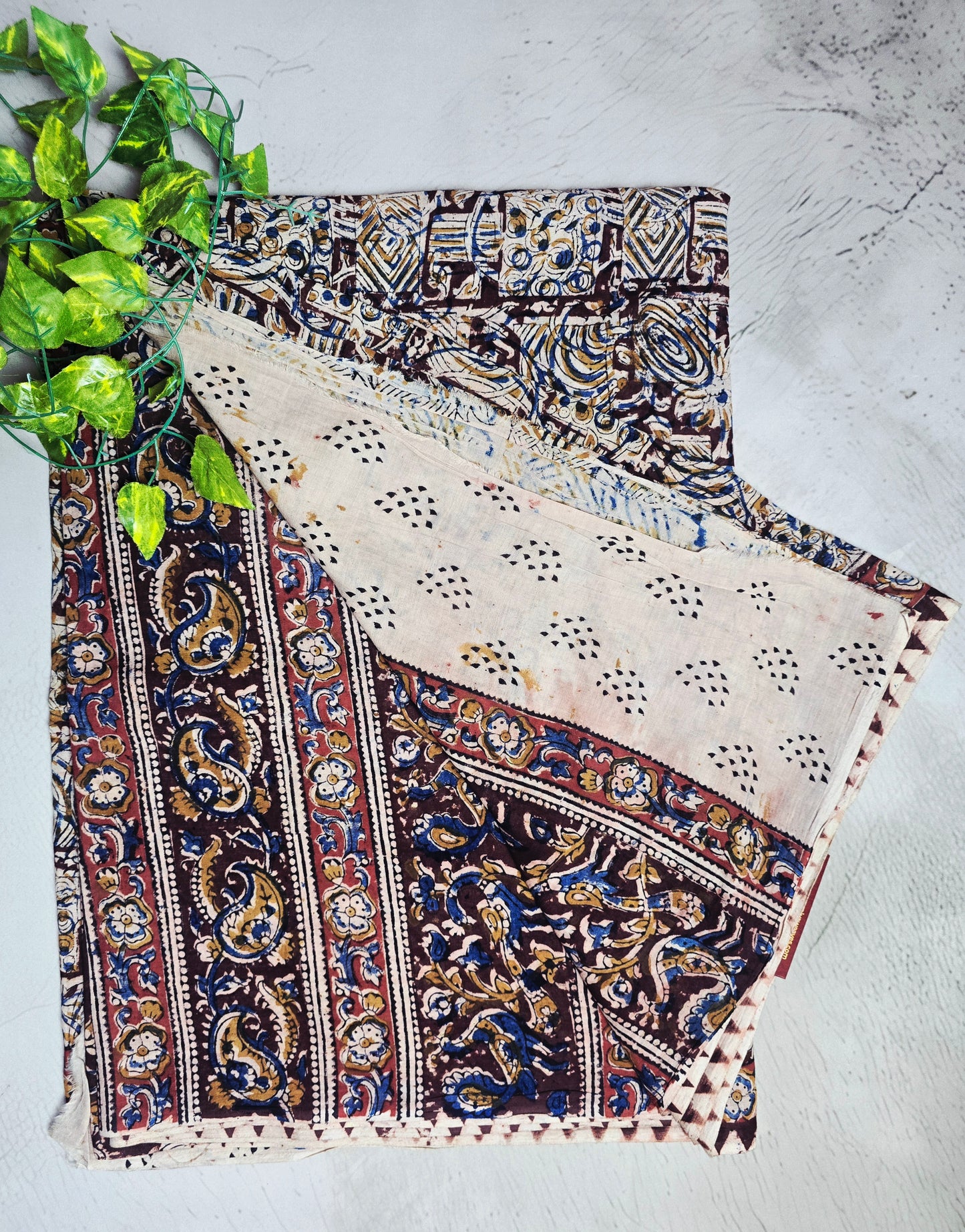 Ivory, Blue & Maroon Floral Geometric Cotton Kalamkari Saree