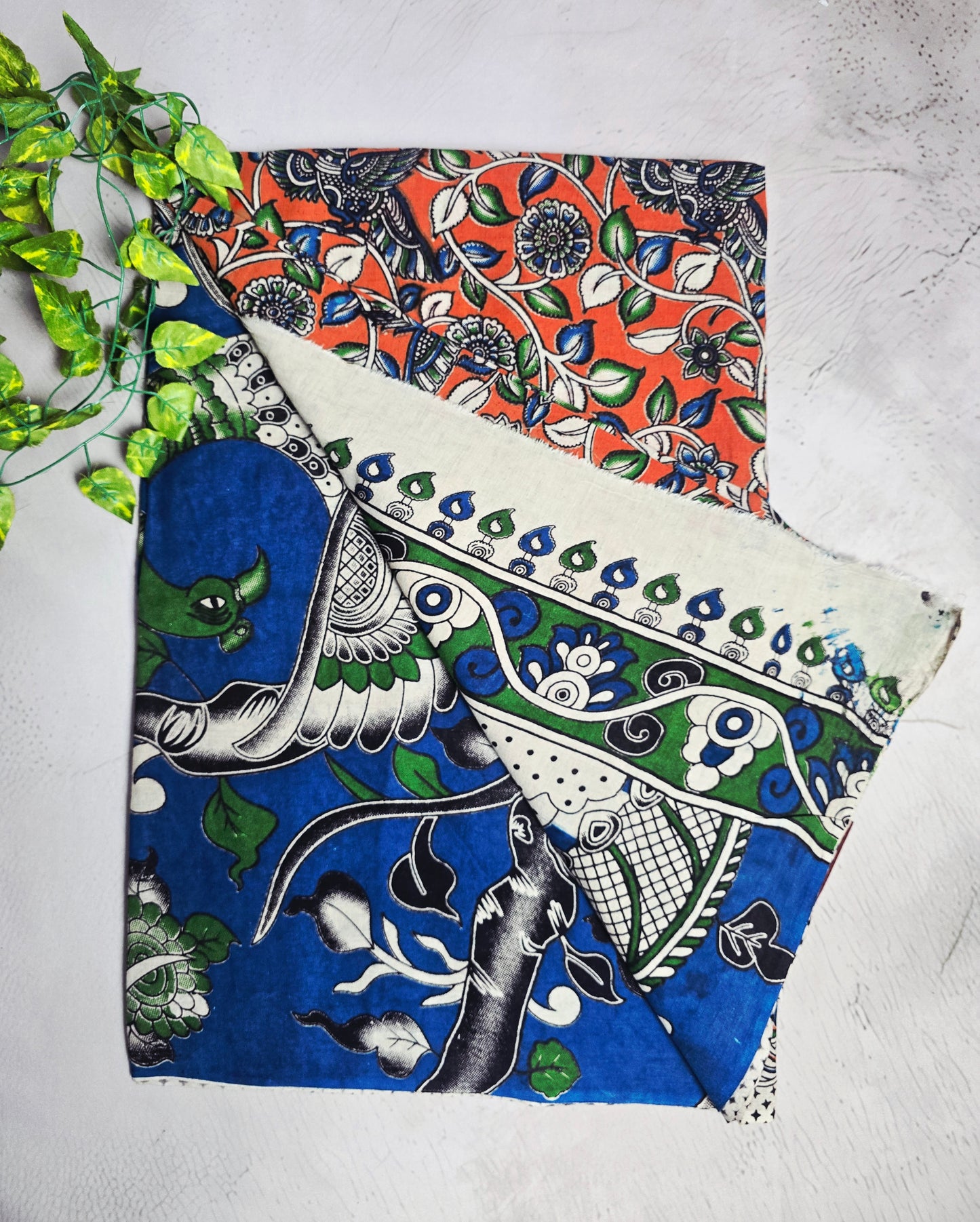 Coral Orange, Blue & Green Peacock Floral Cotton Kalamkari Saree