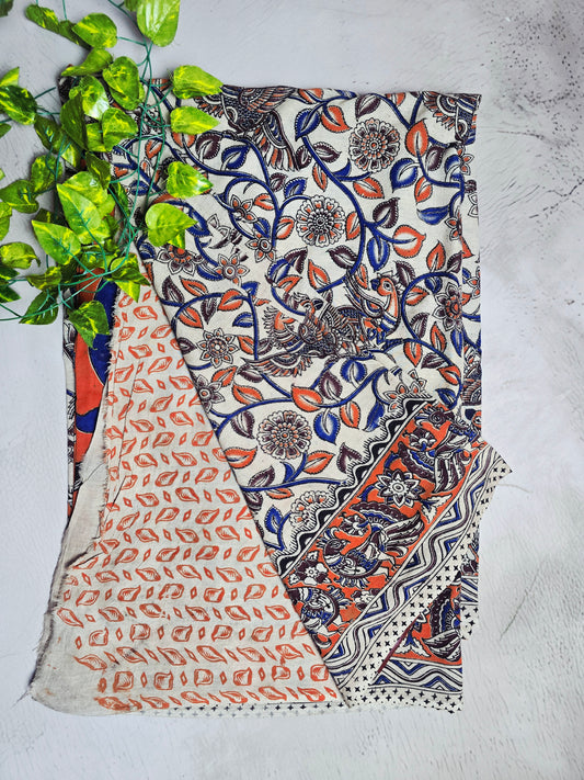 Ivory, Blue & Coral Orange Peacock Floral Cotton Kalamkari Saree