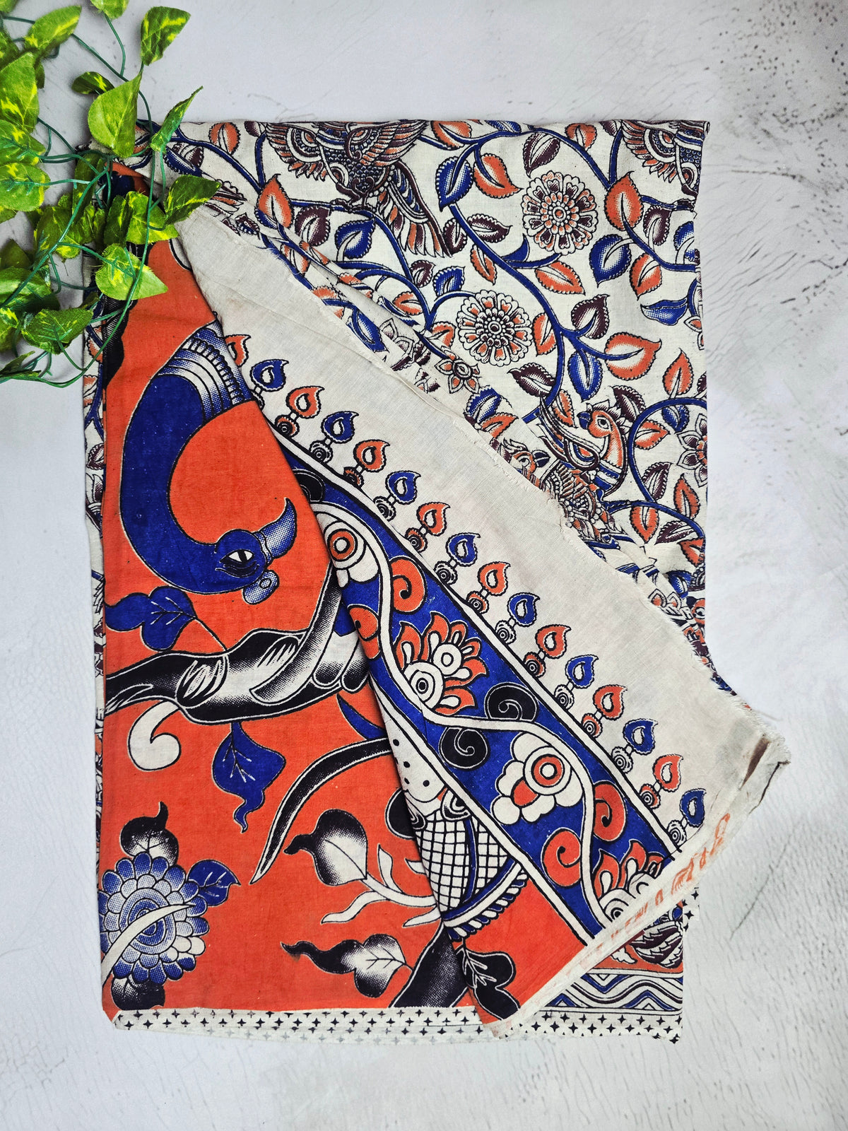 Ivory, Blue & Coral Orange Peacock Floral Cotton Kalamkari Saree