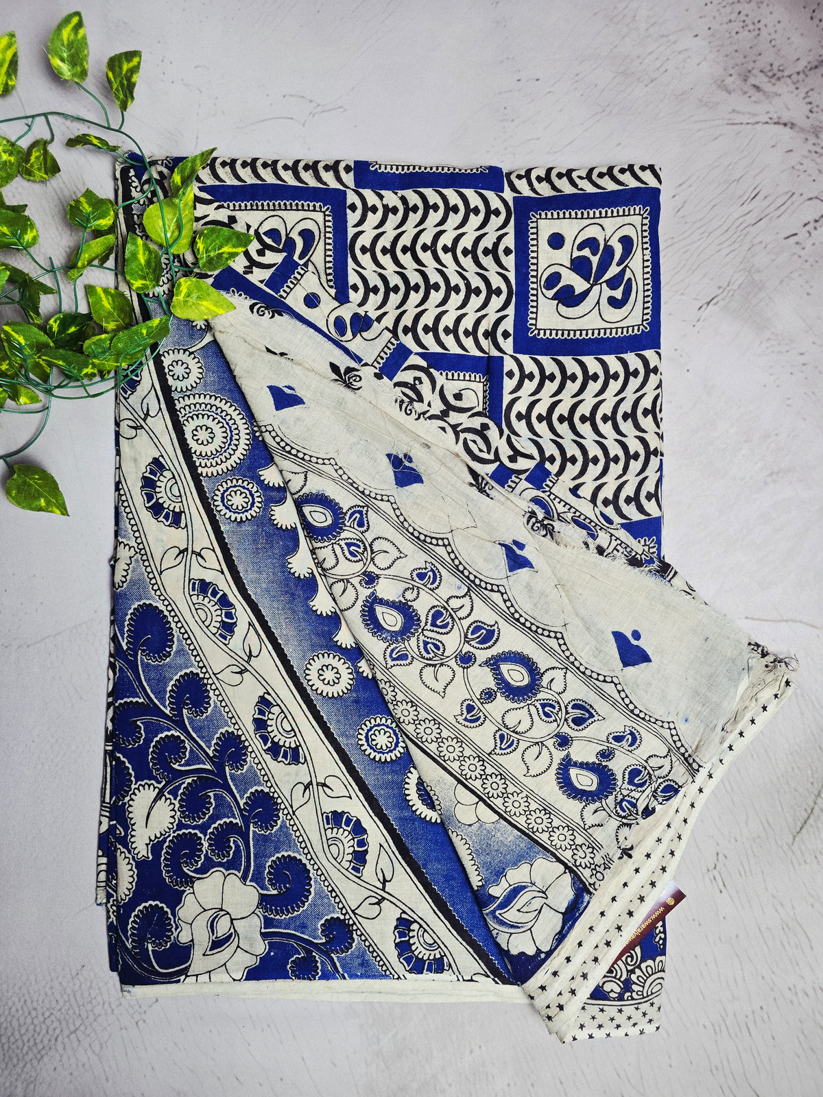 Royal Blue & White Geometric Kalamkari Cotton Saree