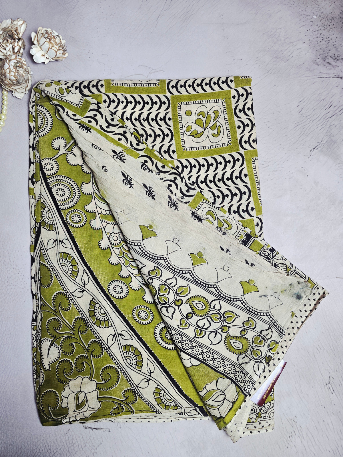 Olive Green & Black Kalamkari Printed Cotton Saree