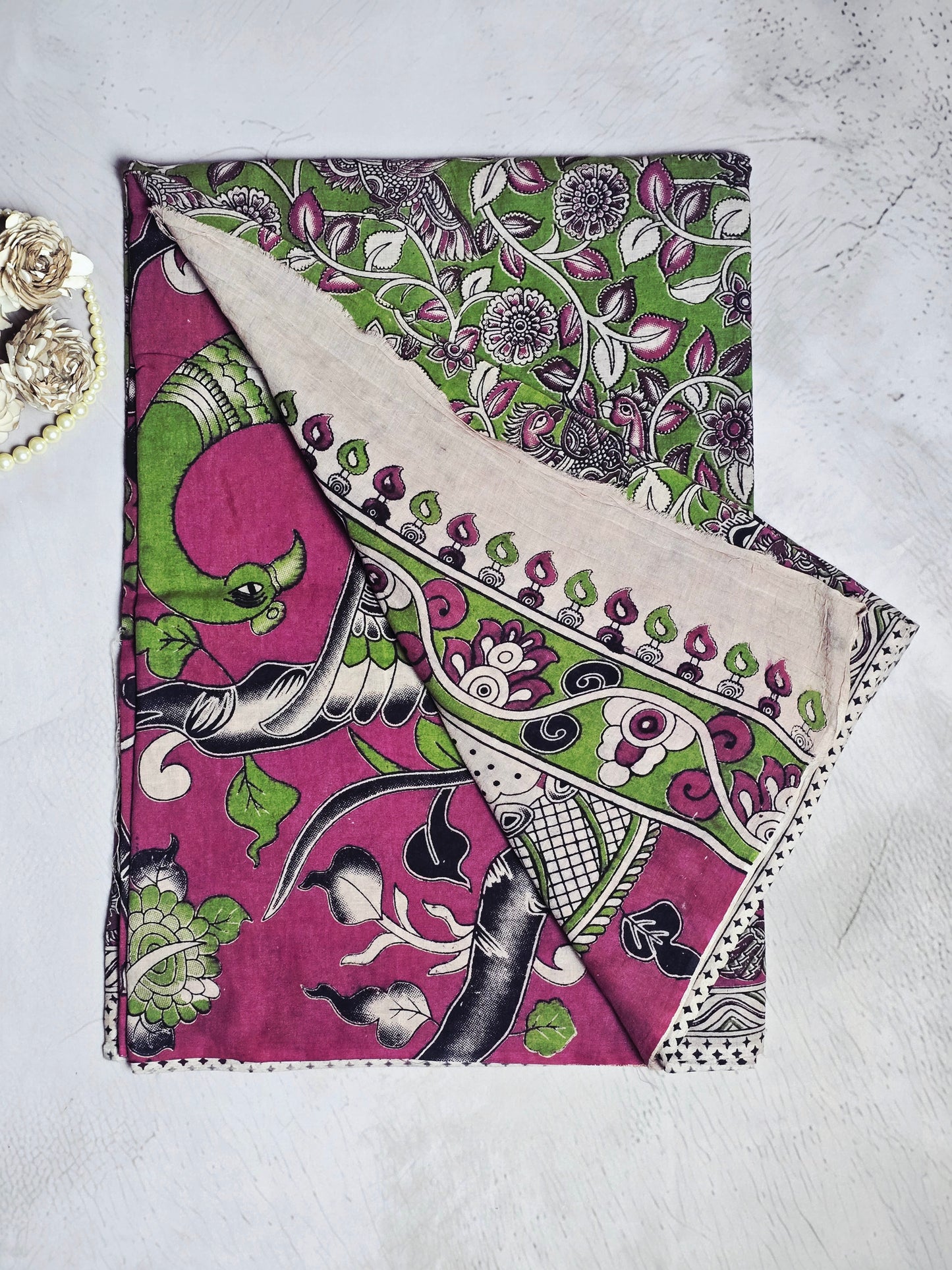 Green, Magenta & White Floral Peacock Kalamkari Linen Cotton Saree