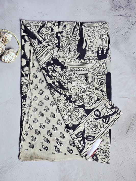 Black & White Traditional Kalamkari Figurative Cotton Saree