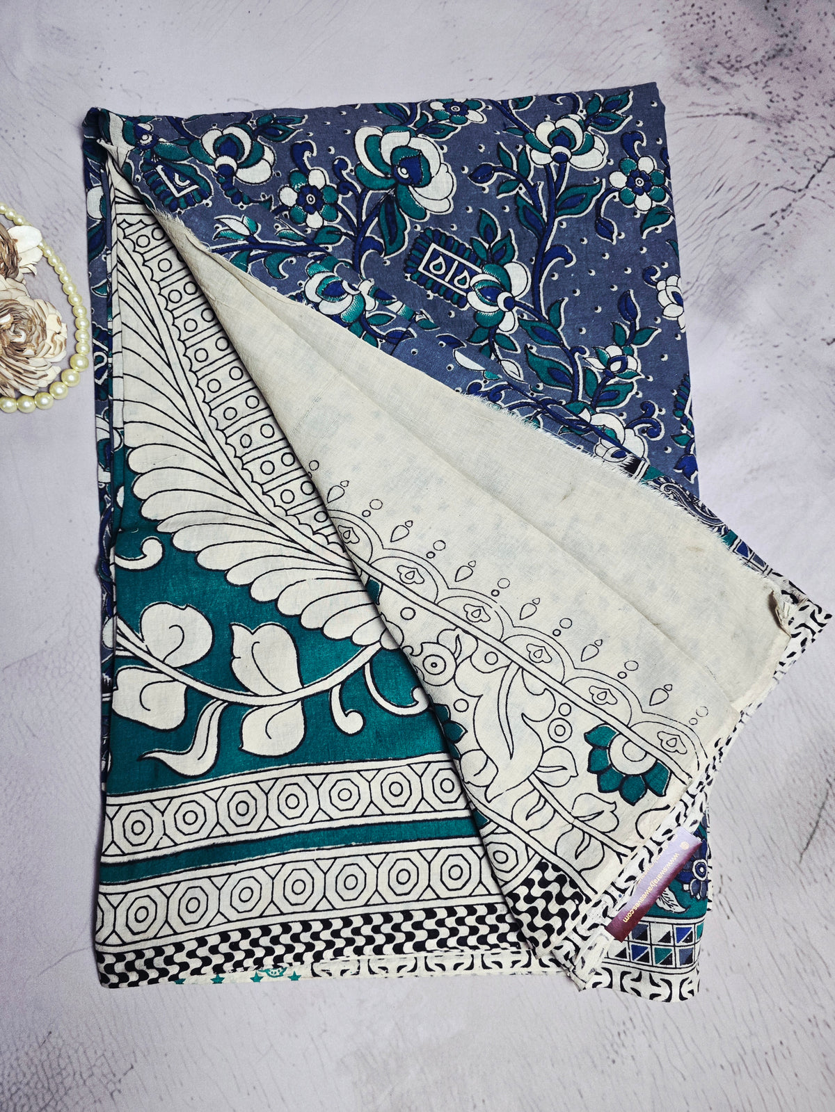 Blue & Teal Floral Kalamkari Cotton Saree