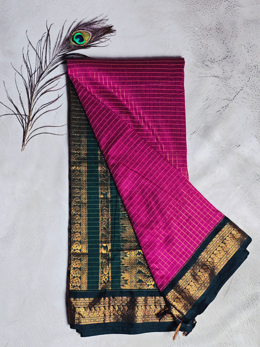 Fuchsia Pink & Black Gold Checks with Zari Woven Border Chettinad Cotton Saree