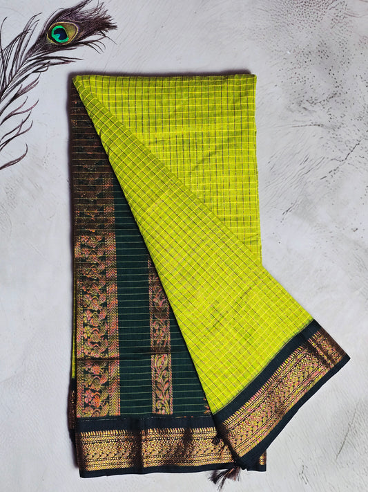 Lime Green & Dark Green Gold Checks with Intricate Zari Border Chettinad Cotton Saree