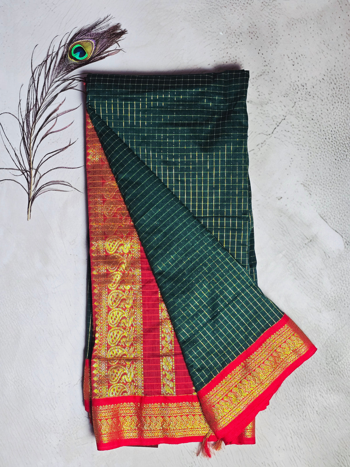 Dark Green & Red Gold Checks with Intricate Paisley Zari Border Chettinad Cotton Saree